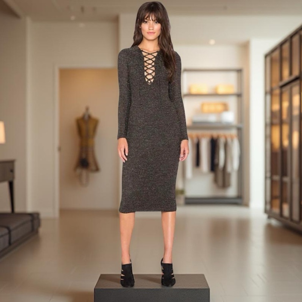 Bardot Romeo Lace Up Dress in Black & Gold Size 4